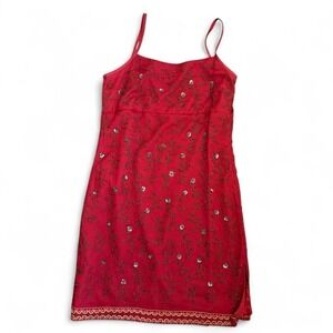 Vintage Y2K Express Women's Size 11 Red Silk Mini Dress Floral Beaded Boho‎